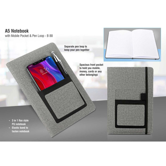 Personalized A5 notebook with mobile pocket Personalized A5 notebook with mobile pocket