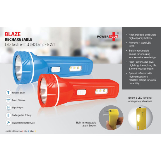 Personalized Blaze Rechargeable LED Torch with 3 LED Lamps