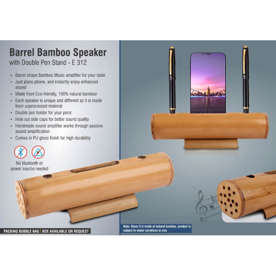 Personalized Barrel Bamboo Speaker with Pen Stand and Mobile Holder