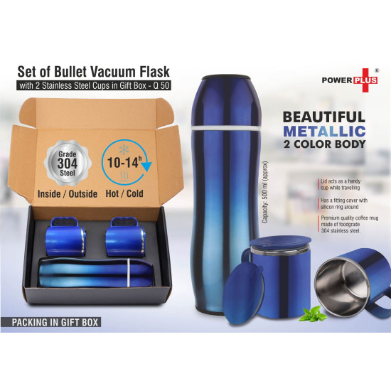 Customized Blue Bullet Vacuum Flask with 2 Cups For Corporate Gift