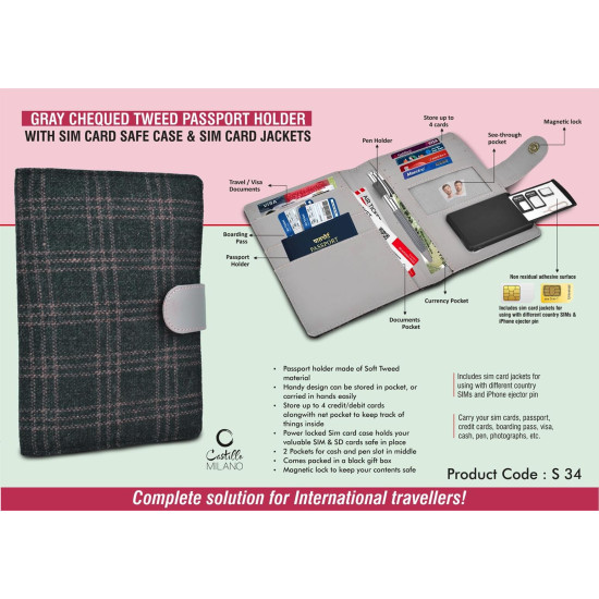 Personalized Gray Chequed Tweed Passport Holder Personalized Gray Chequed Tweed Passport Holder
