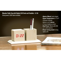 Wooden Tabletop With Digital LED Clock And Tumbler Wooden Tabletop With Digital LED Clock And Tumbler